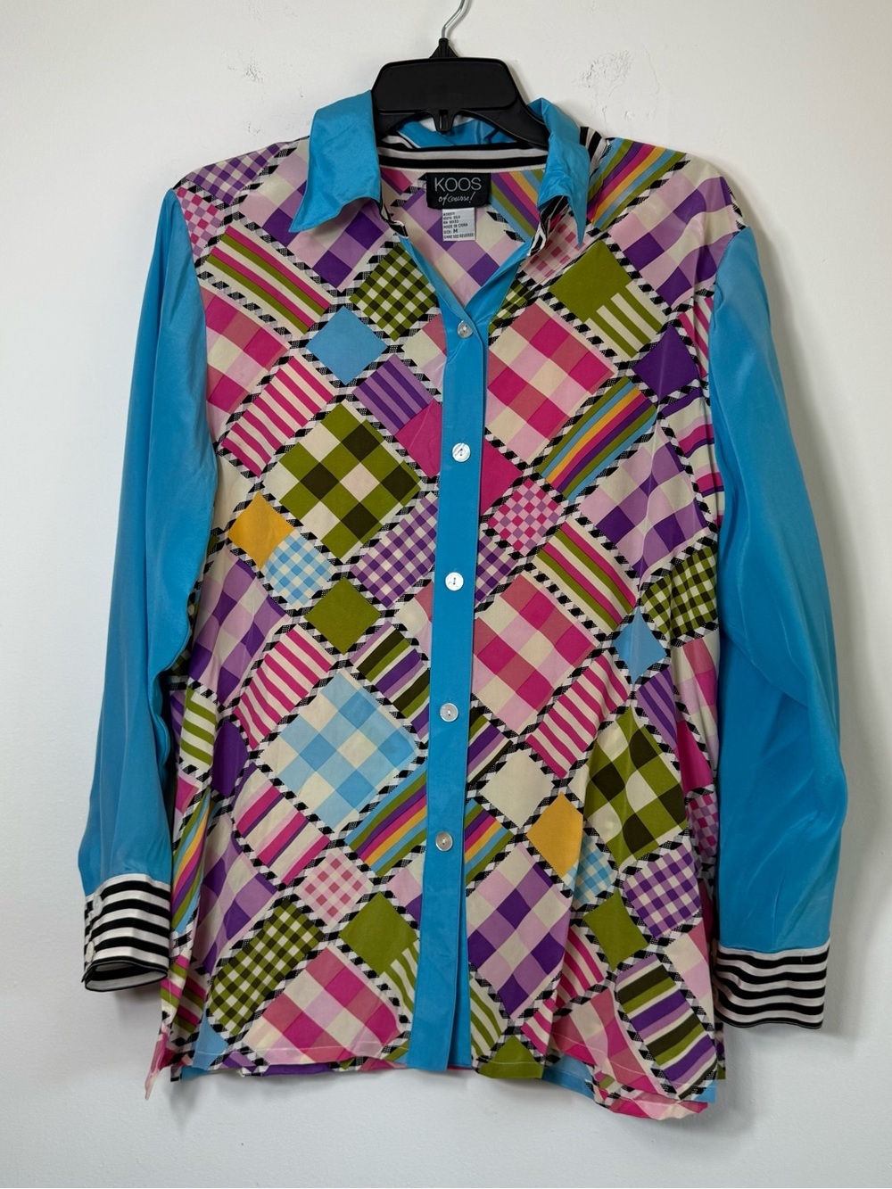Vintage Koos Of Course 100% Silk Patchwork Mixed Print Button Up Blouse Medium